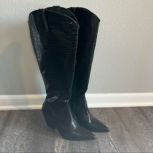 Nasty Gal Black Croc Knee-High Boots
